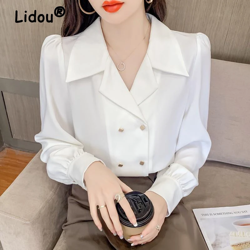 2022 New Spring Summer Double Breasted Puff Sleeve Professional Shirt Vintage French Style Blouse Turn Down Collar Casual Shirt