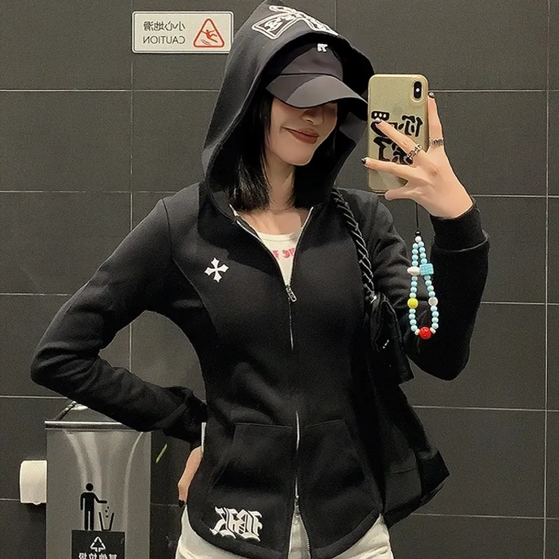 

Толстовка на молнии с капюшоном в стиле ретро для девочек в американском стиле, женский весенне-осенний открытый кардиган с тонкой талией, универсальный повседневный ...