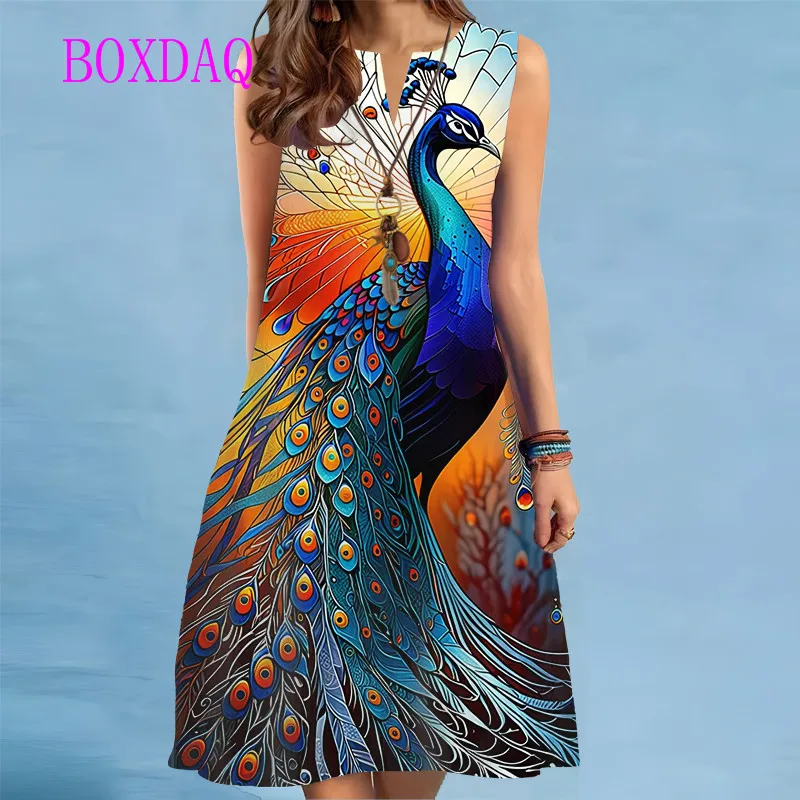 

Новое летнее пляжное платье для женщин, повседневное сексуальное свободное мини-платье без рукавов с v-образным вырезом, элегантное короткое платье с принтом павлина и птицы, Vestidos
