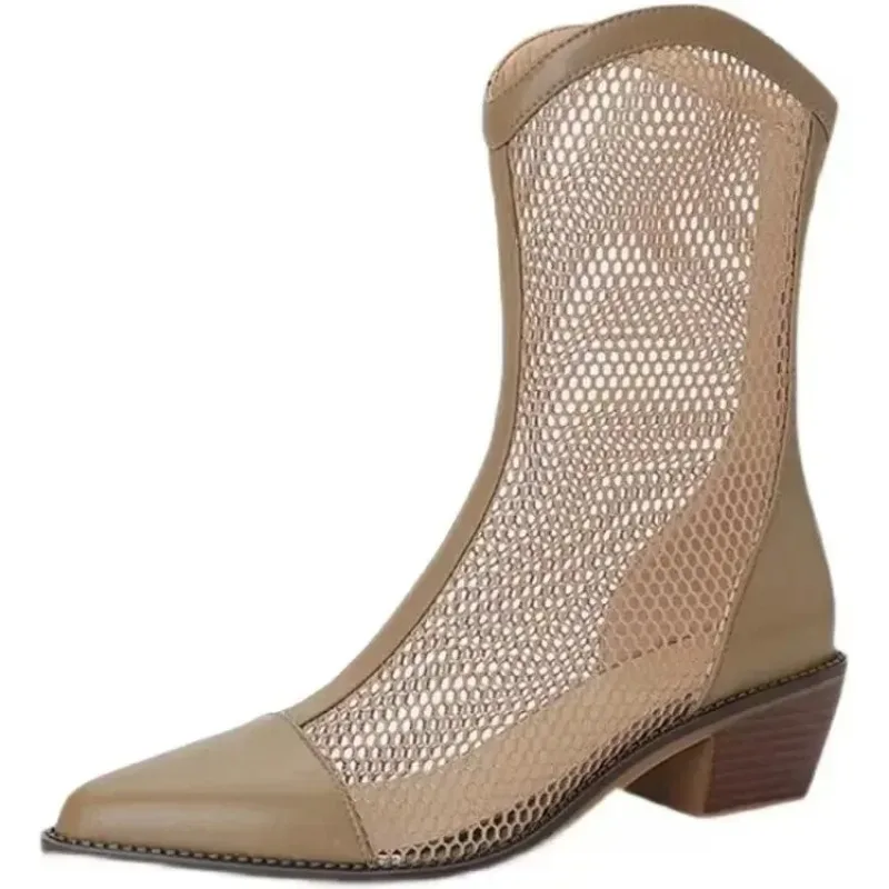 Sandalias de malla para mujer, zapatos de tacón Medio, sexys, ahuecados, Punta Puntaguda, albaricoque, Negro, alta kvalitet #4