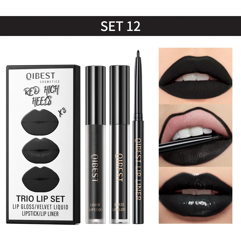QIBEST 3-teiliges Set Flüssiger Lippenstift+Lipliner Make-up Nude Samt-Lipgloss Langanhaltend Nicht-klebend Rote Lippenfarbe Kosmetik-Set