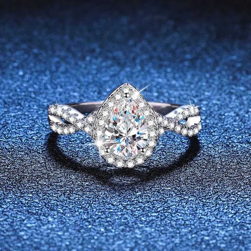 

S925 Silver White Gold Plated 1CT D Color Moissanite Teardrop Micro-Pave Ring for Women, Exquisite Jewelry.