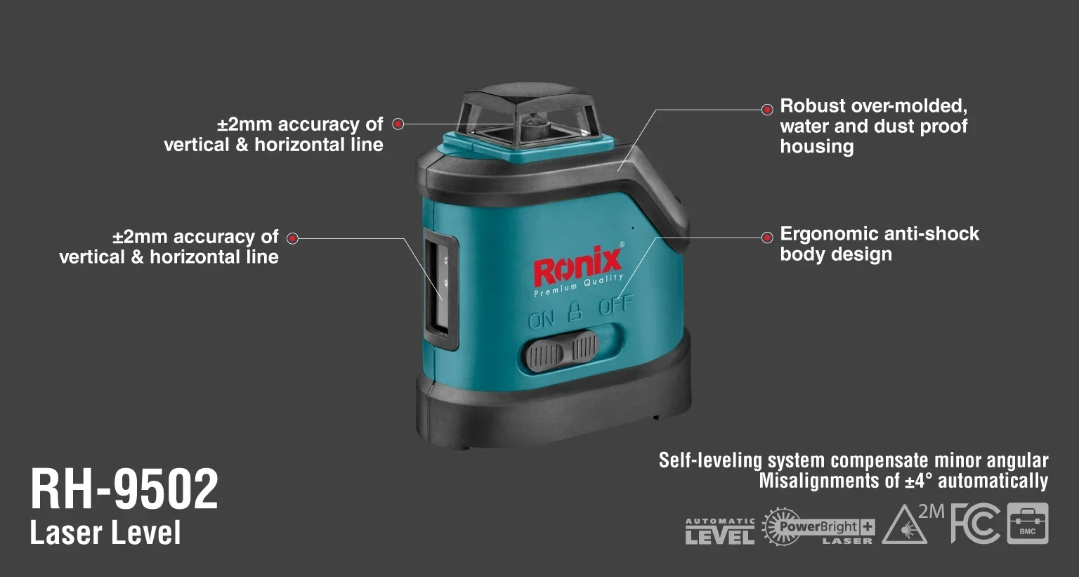 Ronix RH-9502 High Quality 360 Degree Laser Level Green Automatic Portable 12 Lines Self-leveling Dewalts Laser Level - view 5