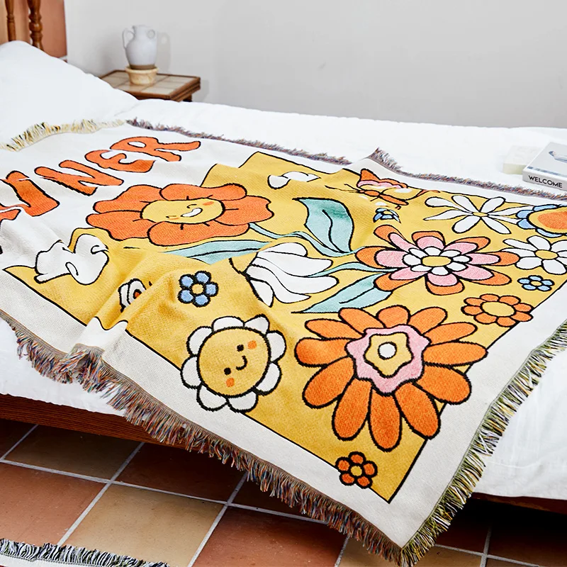 

Ins Yellow Sun Flower Throw Blanket Tapestry Bedspread Outdoor Camping Beach Towels Sofa Chair Cover Mat Knitted