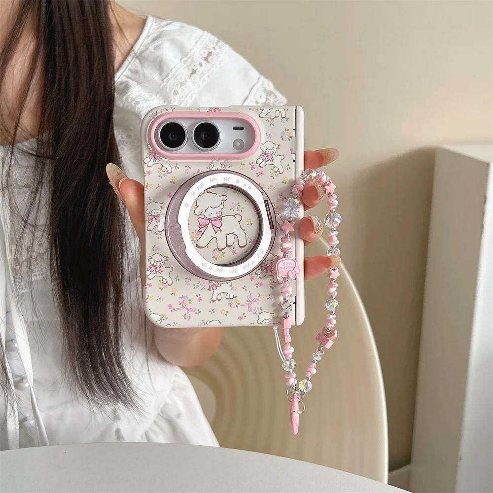 Korean INS Cute Flower lamb Pattern Folding Phone Case For iPhone Duo With 360° Magnetic Stand Shockproof cases For Magsafe