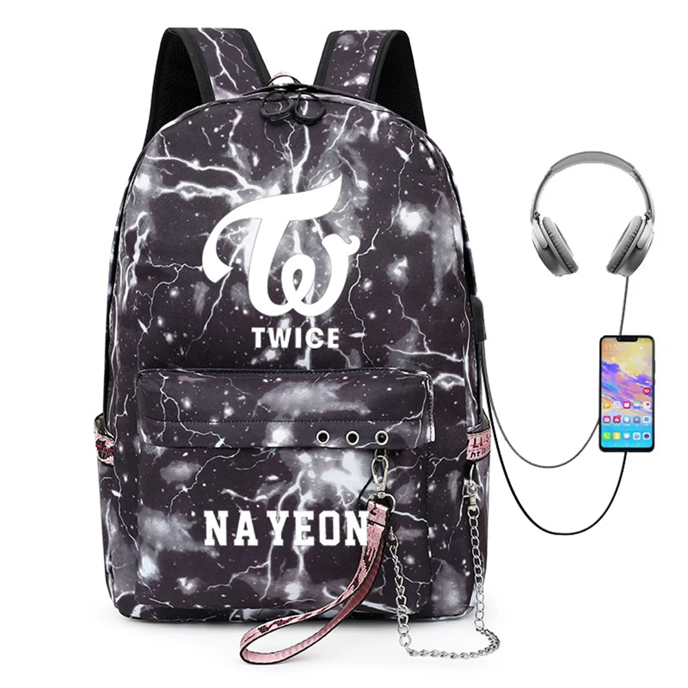 Kpop TWICE Chain USB Charging Backpack Student Backpack Korean Version Backpack Nayeon Jeongyeon Momo Sana Gift Fans Collection