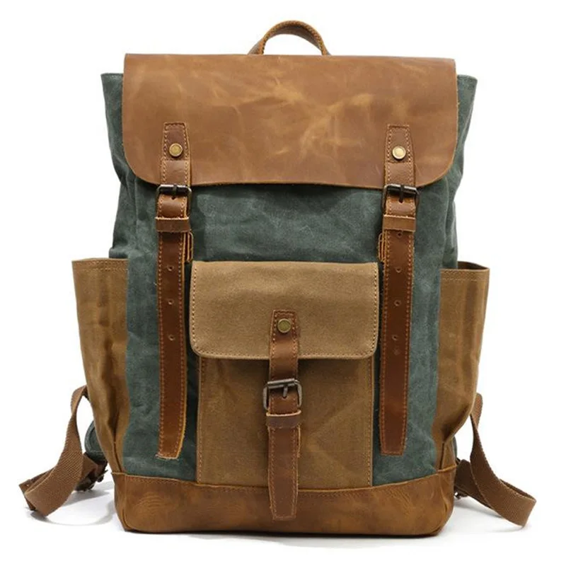 

Hot Kf-Oil Wax Canvas Leather Backpacks Unisex Waterproof Rucksacks 15 Inch Laptops Daypacks Large Capacity Vintage Mochilas Tra