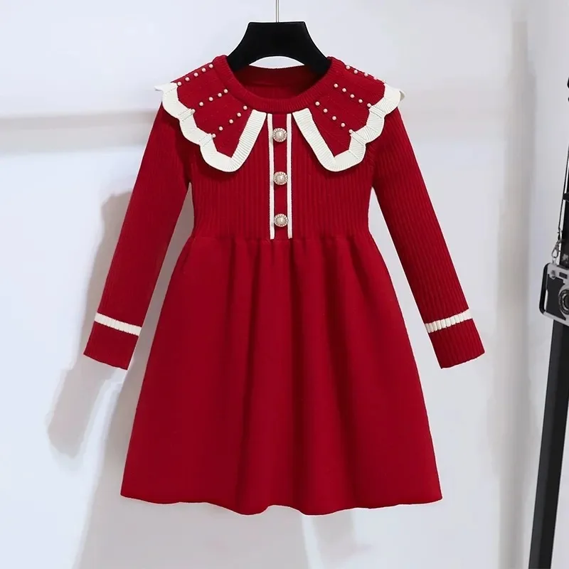 

Fashionable Sweet Knitted Sweater Dress for Girls, Autumn and Winter New Princess Style Round Neck Dress for Primary and Seconda