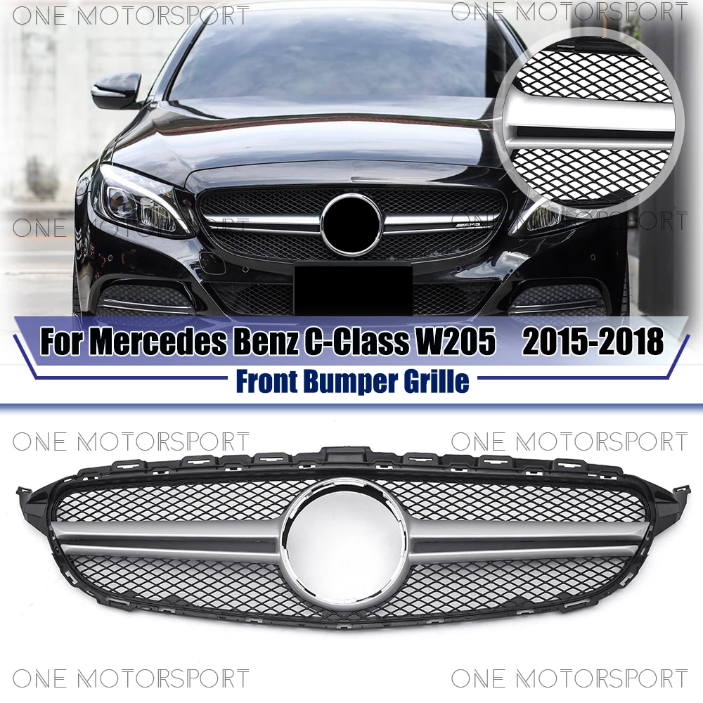 

Стиль AMG без камеры 360 для Mercedes Benz C-Class W205 15-18 C180 C200 C250 C300 Хромированная серебристая гоночная решетка Решетка бампера