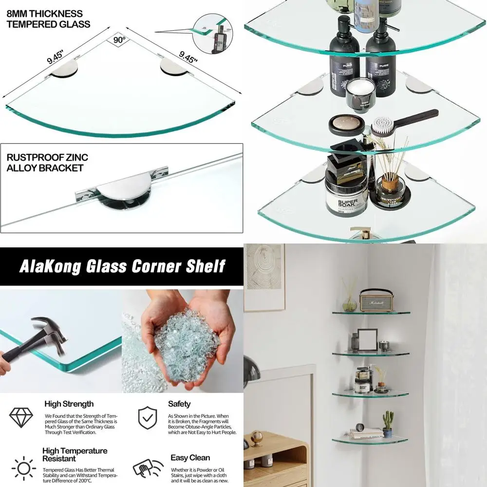 

Corner Tempered Glass Shelves Set for Shower - Triangle Wall Mount Caddy for Shampoo Bottles, No Drilling Required
