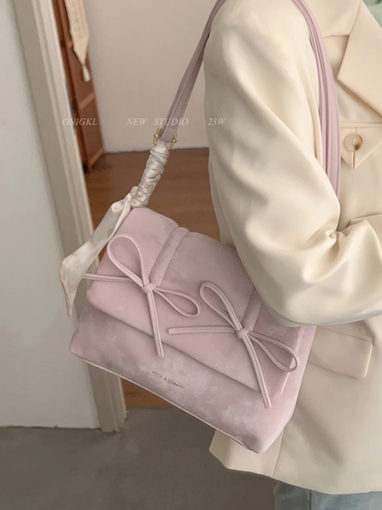 Sweet Bow Pink Bag For Women New Trendy Female Square One Shoulder Crossbody Bags Large Capacity Commuting Student Tote Package