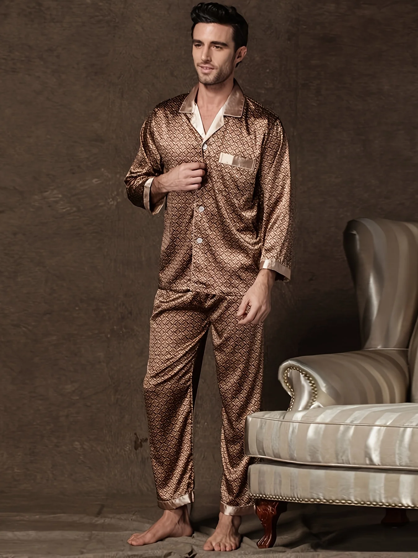 Autumn Men'S Long Retro Print Pajama Set Perfect for Fall/Winter Casual Style Geometric Pattern Long Sleeve Button-Up Pajama Set
