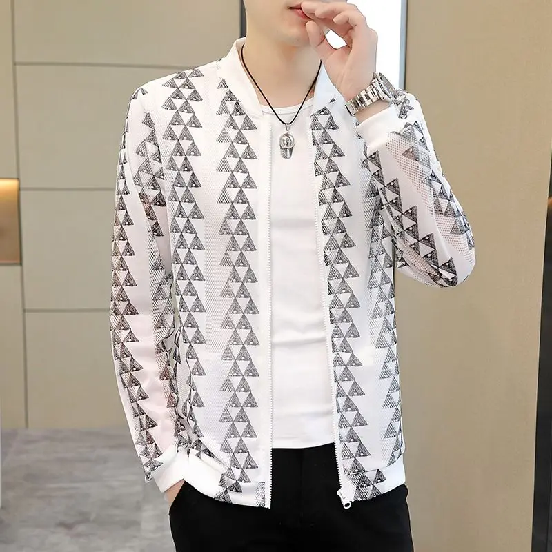 Spring Summer Round Neck Fashion Long Sleeve Jacket Man High Street Zipper Patchwork Cardigan Thin Style Printing All-match Tops