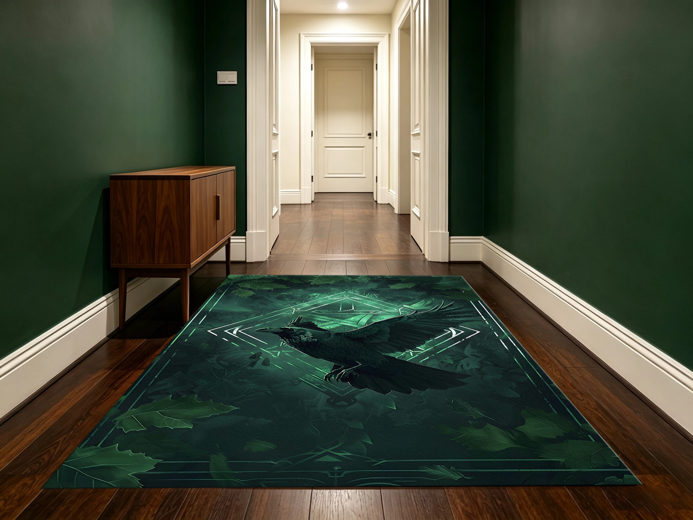 2D Large Carpet Dark Flying Crow Fluorescent Diamond Trendy Cool for Gaming Room Bedroom Living Room
