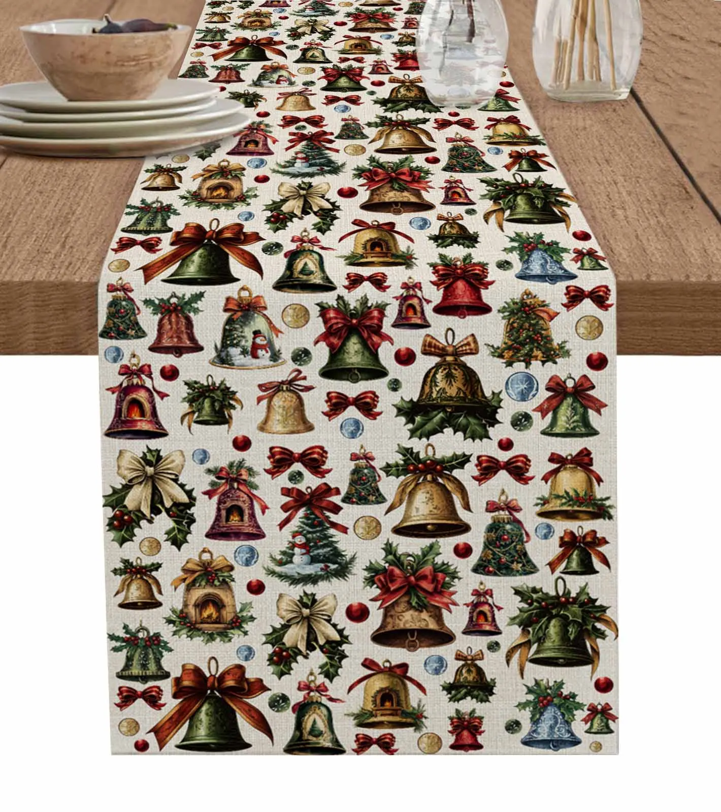 Christmas Bell Bow Dark Blue Background Table Runner Wedding Dining Table Decoration Table Runner Holiday Dining Tablecloth