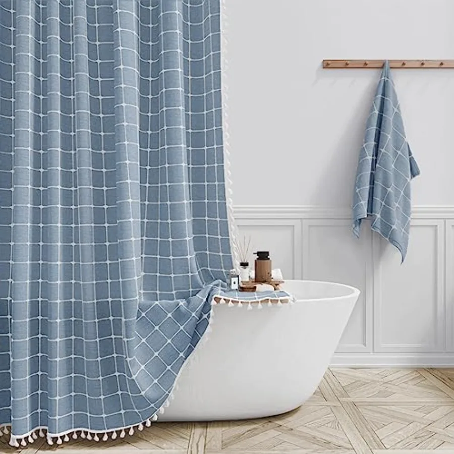 

Extra Long Shower Curtain - 72x84 Inch Long Boho Chic Tassel Linen Fabric Shower Curtain Set with Hooks, Tall Modern Farmhouse