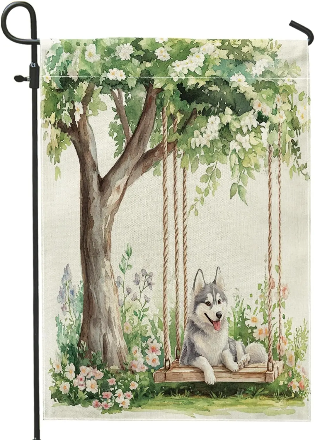 Spring Husky Dog Garden Flags 12x18 Inch for Outside, Cute Floral Tree Swing Pattern Standard Linen House Flags, Pet Front Y ZZM