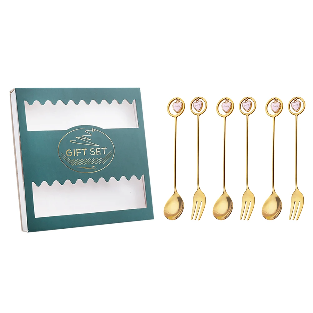 

Love Pendant Spoon Fork Set Stainless Steel Dessert Fruitcake Ice Cream Mixing Coffee Practical Long H Smooth Surface Gift