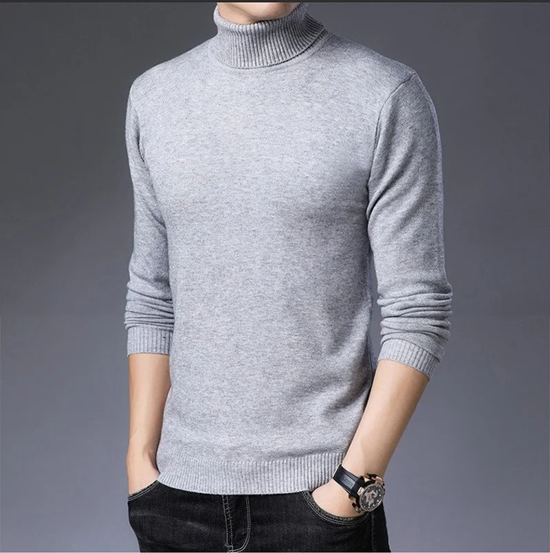 2022 New Men High Neck Knitted Pullover Bottoming Sweater Male Fashion Casual Slim Solid Color Stretch Sweater