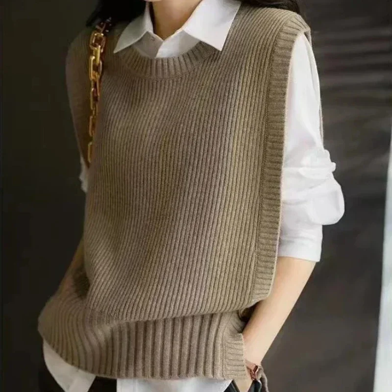 

Waistcoat Solid Knit Vests for Women Korean Style Sleeveless Formal Jumper Outerwear's Warm Lady Sweaters XQ11