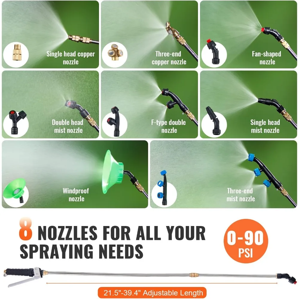 بخاخ ظهر سعة 4 جالون يعمل بالبطارية مع ضغط قابل للتعديل و8 فوهات وعصا