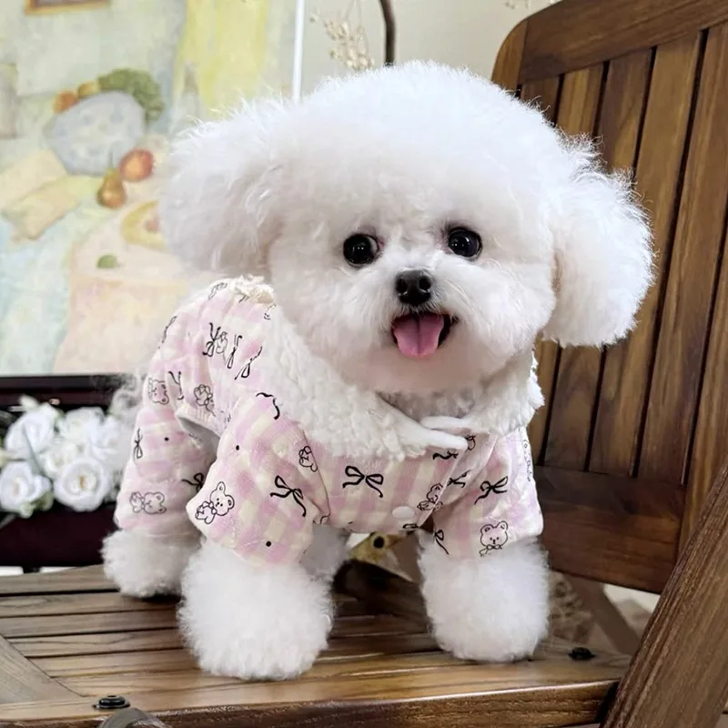 Small Bear Bow Pattern Pet Cotton Coat Winter Teddy  Warm Down Jacket Bichon Cute Four-Legged Coat Cartoon Dog Clothes