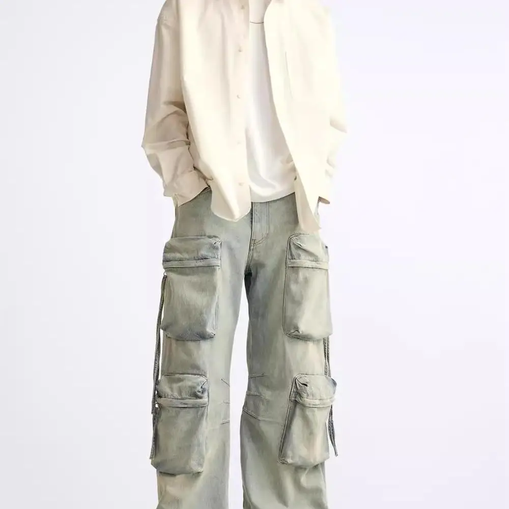 

New 2024 Men's Loose Wide Leg Waed Denim Casual Workwear Jeans kets Straight Cut Long Trousers Autumn Season Leisure