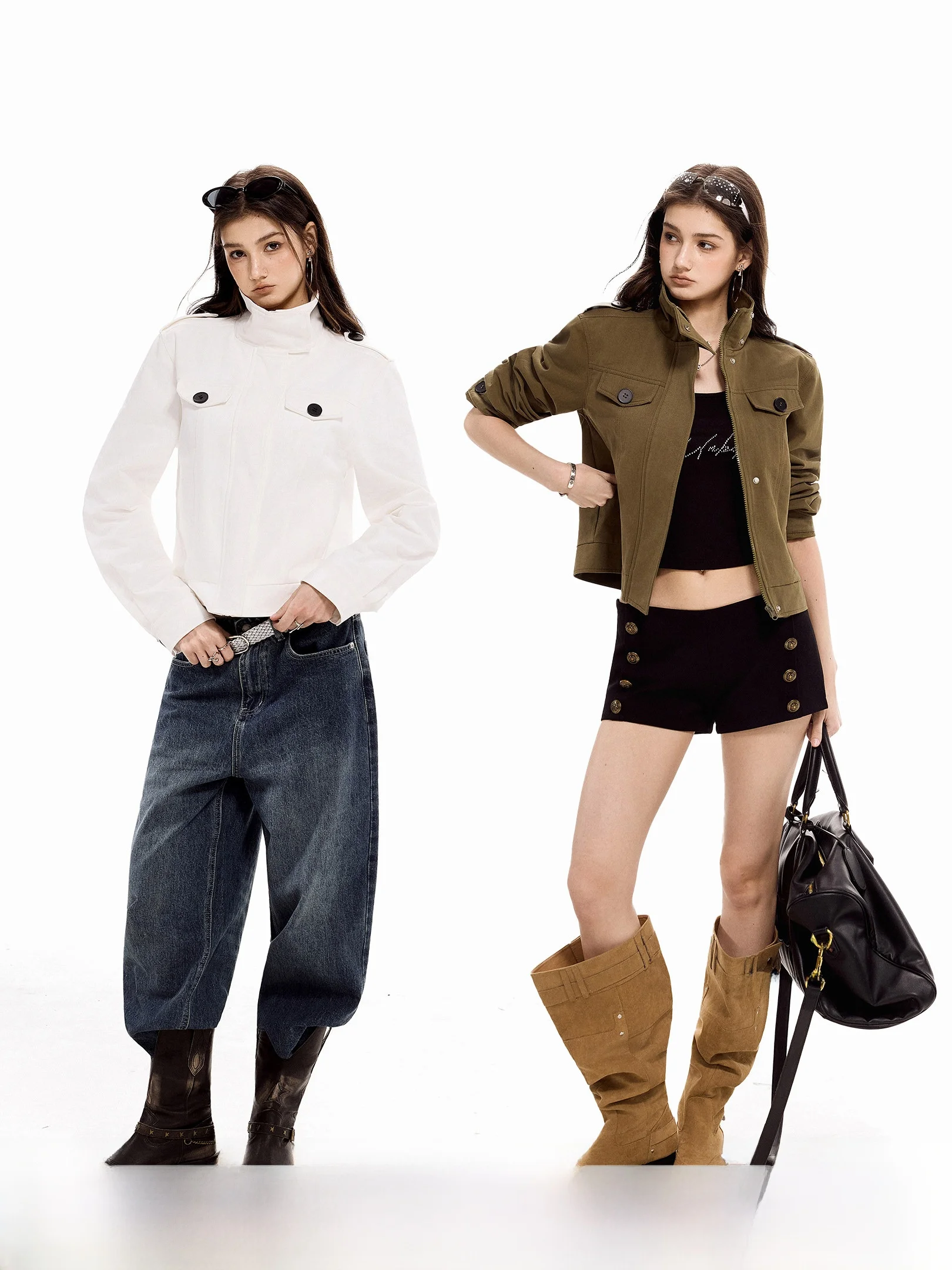 

Ich Mode American Sle High Collar ort Fit Cardigan Jaet Women's White Top Spring 2026 Vintage Sle Long Sve Zipper