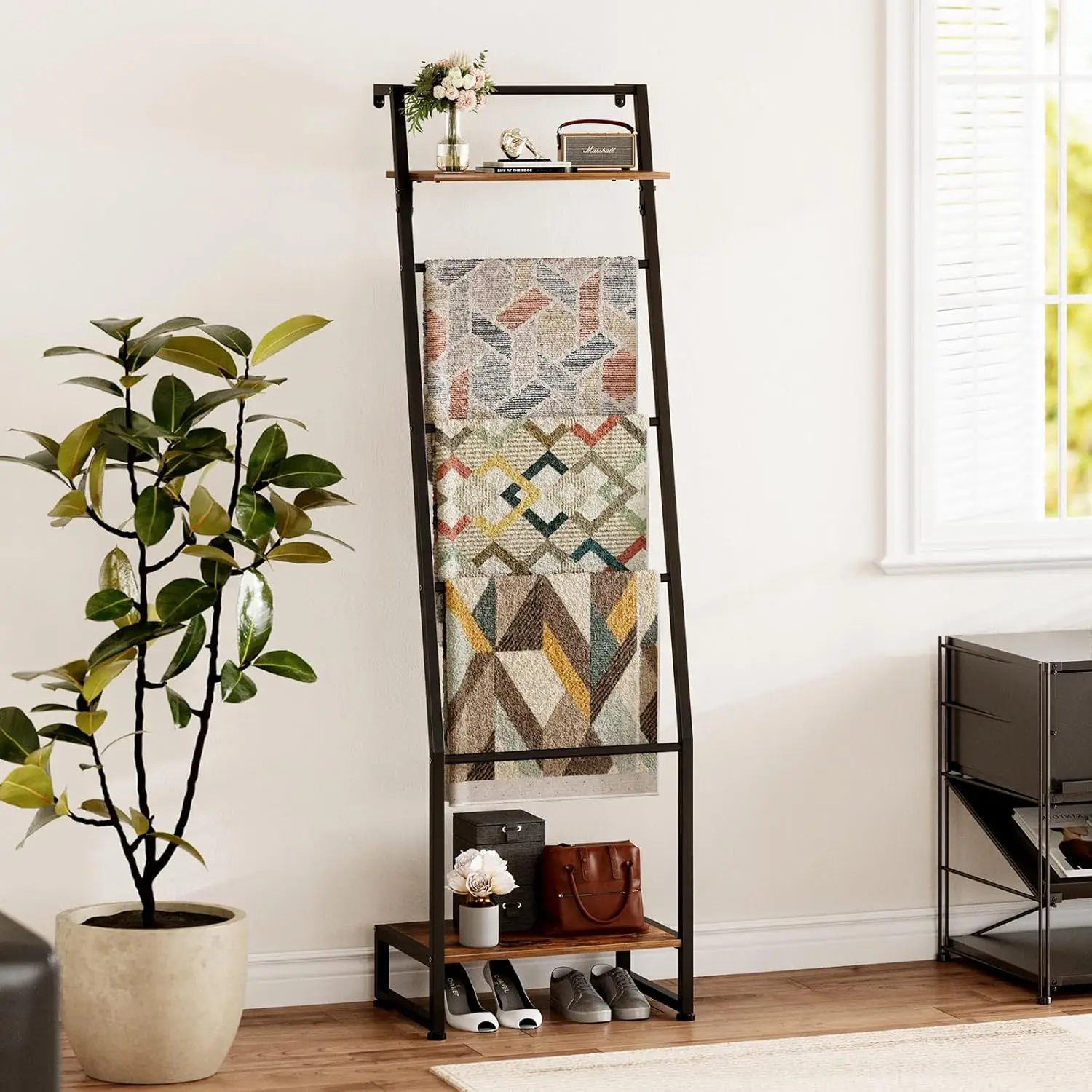 6-Tier Blanket Ladder with Shelf, Wall-Leaning 59 inch Blanket Farmhouse Shelf Rack for Storage and Home Decor, Freestan