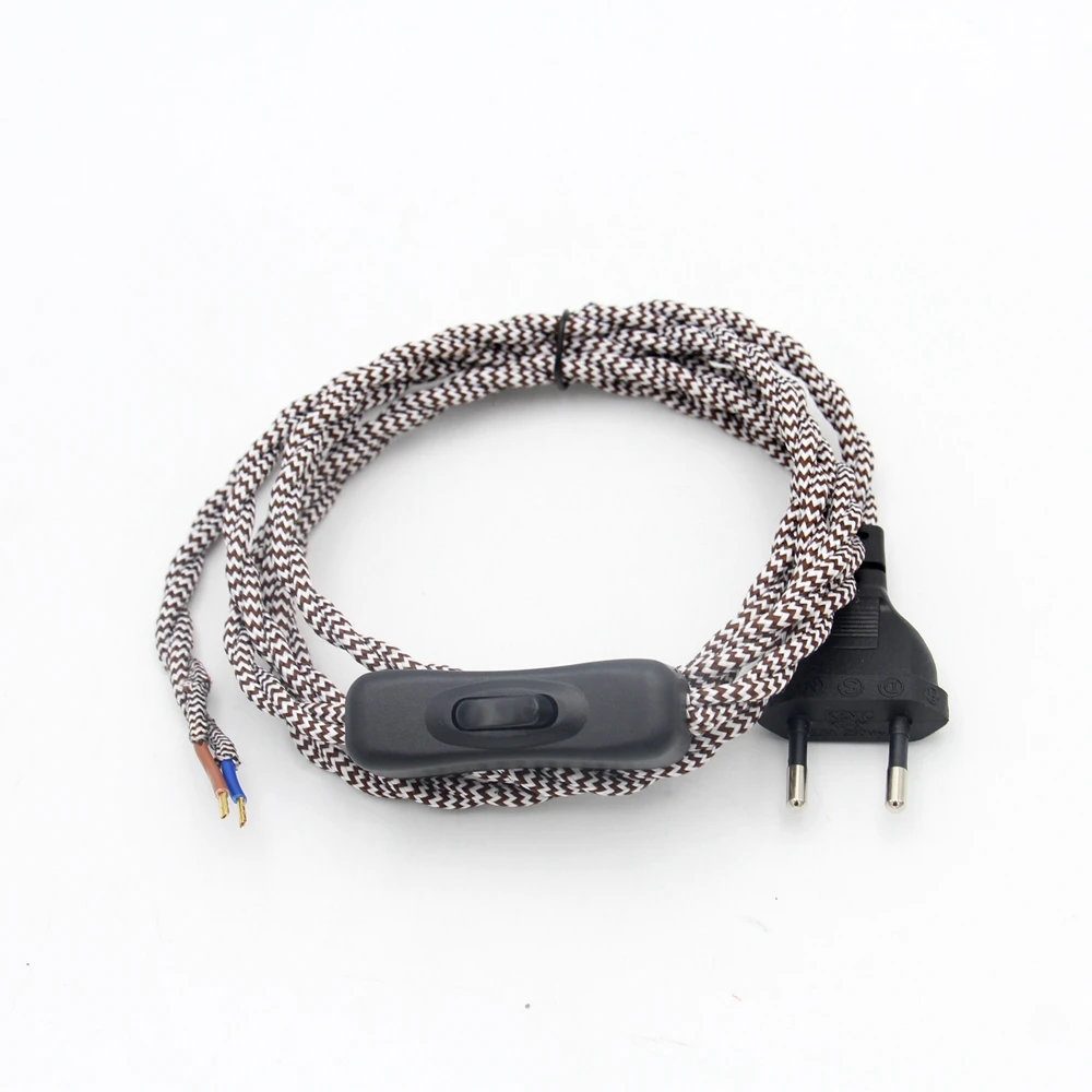 2m 220V AC Vintage Power Cord With EU Plug Line Switch Fabric Covered Twisted Cable Wire For Table Lamp