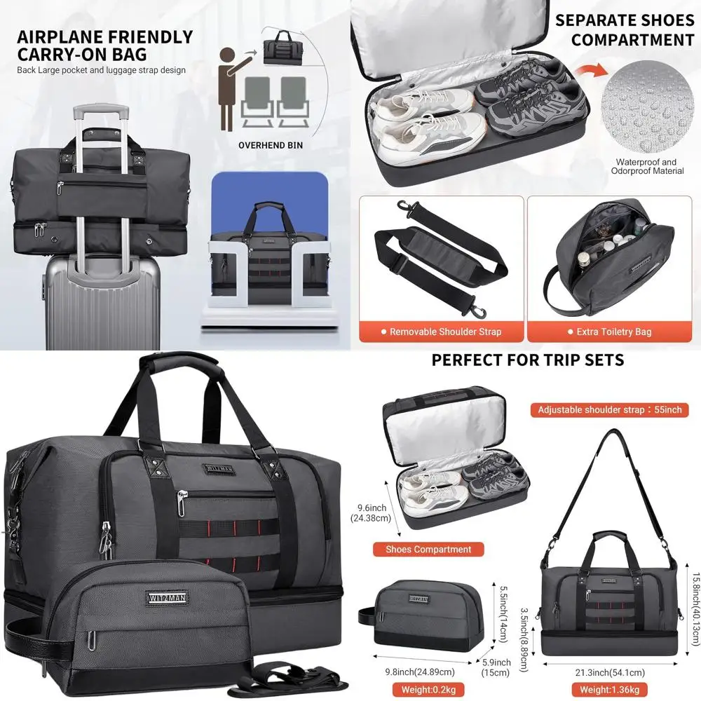 

Carry-On 55L Silvery Grey Travel Duffle Bag with Men's Weekender and Toiletry Bag Set