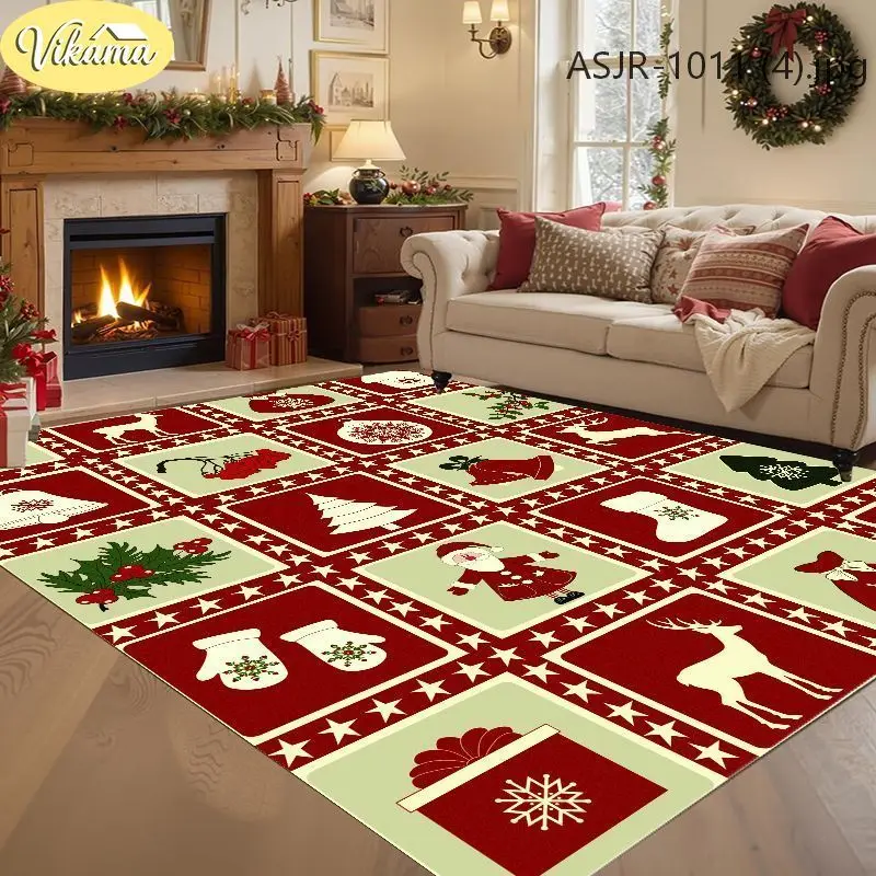 VIKAMA Christmas Living Room Rug Patchwork Checkered Santa Reindeer Durable Non Slip Bedroom Carpet Washable Cozy Home Decor