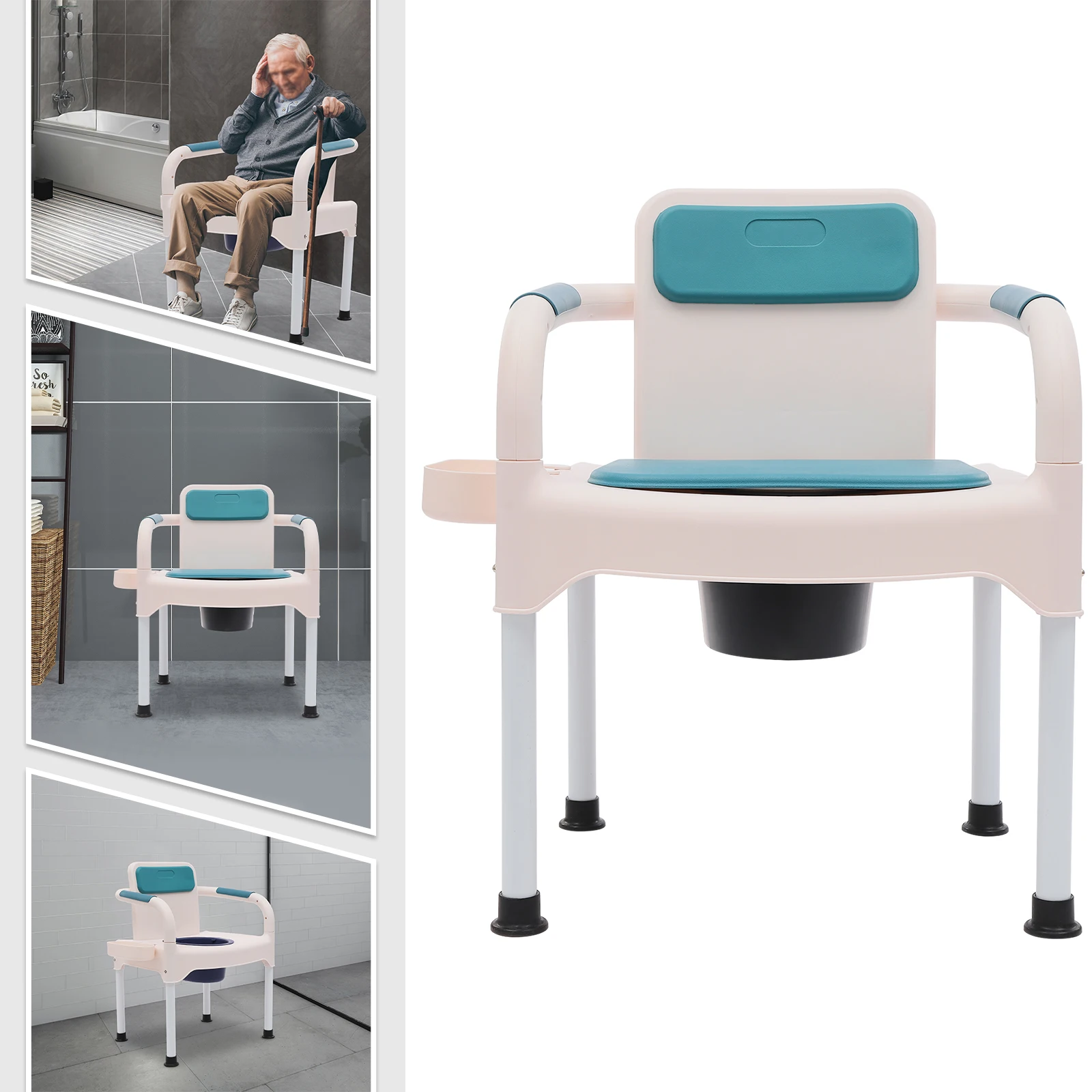 كرسي مرحاض محمول بجانب السرير لكبار السن مع مقعد ناعم من البولي يوريثان ومساند للذراعين قابلة للإزالة بسعة 220 رطل #4