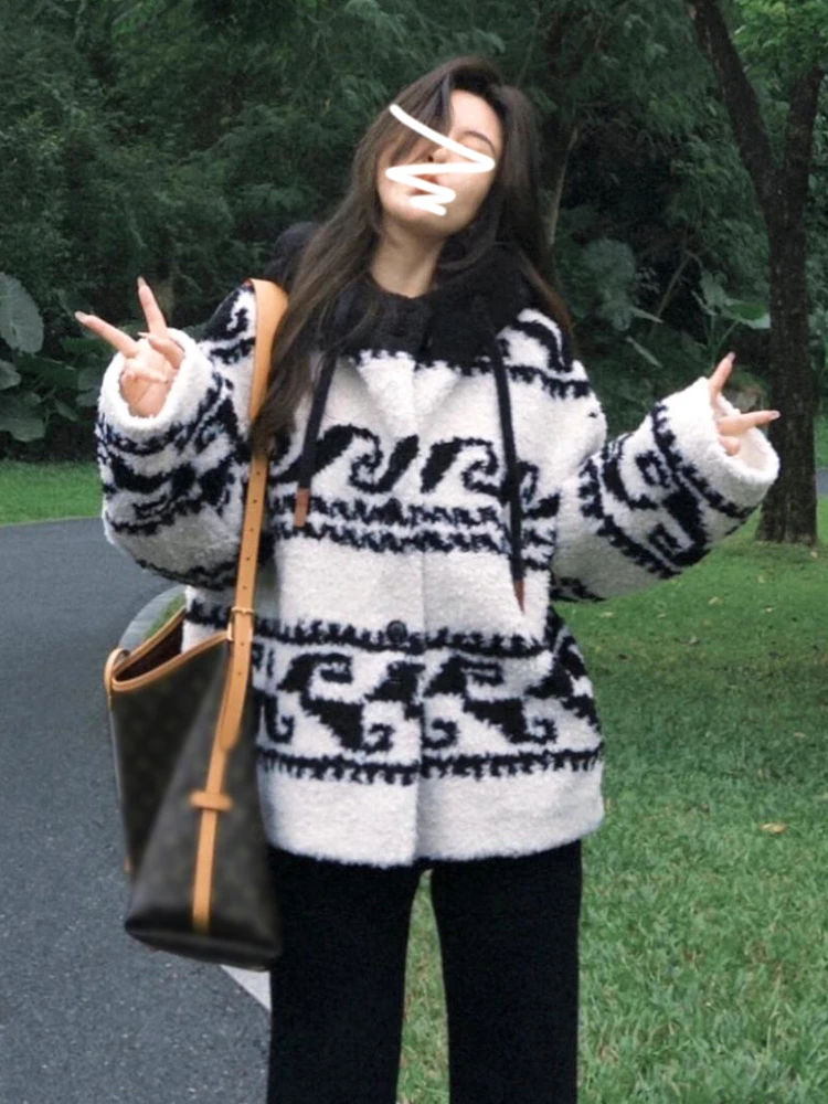 Giacca in pelliccia di agnello intrecciata da donna retrò americana con cappuccio in cotone sandwich capispalla inizio autunno cappotto coreano Sle ort