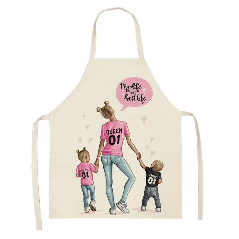 Kitchen Apron Mother and Daughter Print Sleeveless Happy Family Cotton and Linen Apron Household Cleaning Tools фартук для кухни