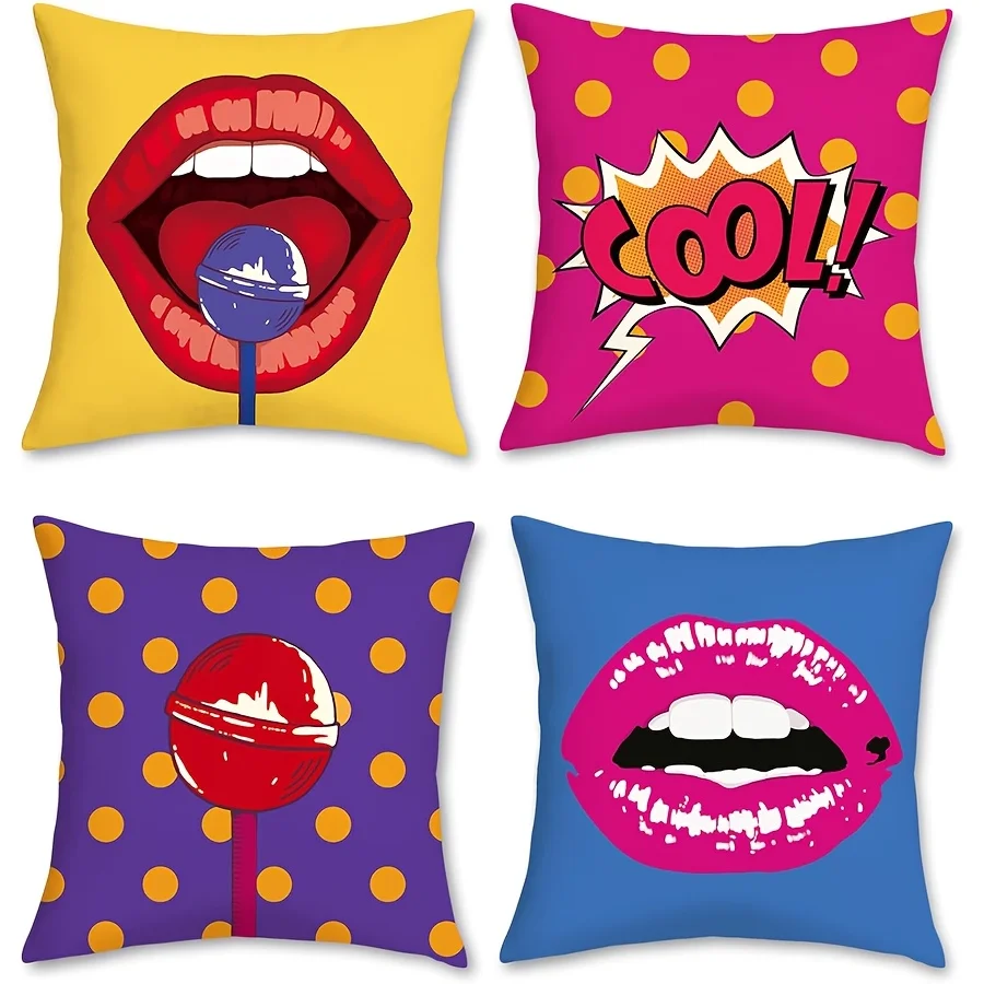 4pcs, Pop Art Throw Pillow Covers Lips Polka Dots Comic Decorative Pillow Cases Soft Velvet Cushion Covers for Sofa Couch Bed