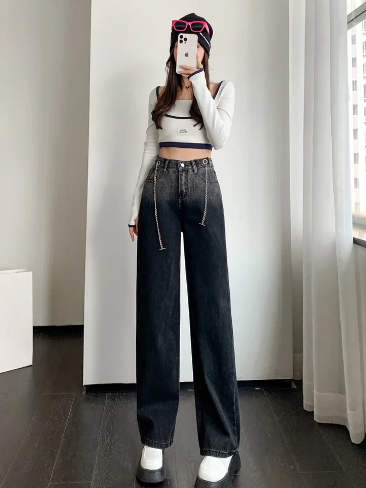 Jeans Women Spring Straight Gradient Color Casual Full Length Vintage European Style Pocket Daily All-match Fashion Streetwear