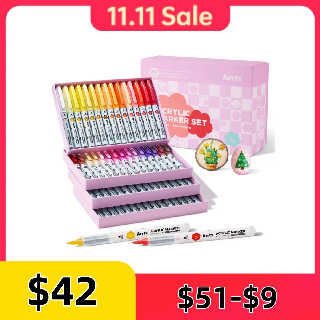 Arrtx 36/60 Colors Cartoon Acrylic Paint Pens Acrylic Markers Soft Brush Tip for Rock Painting Ceramic Glass Wood Plastic Metal