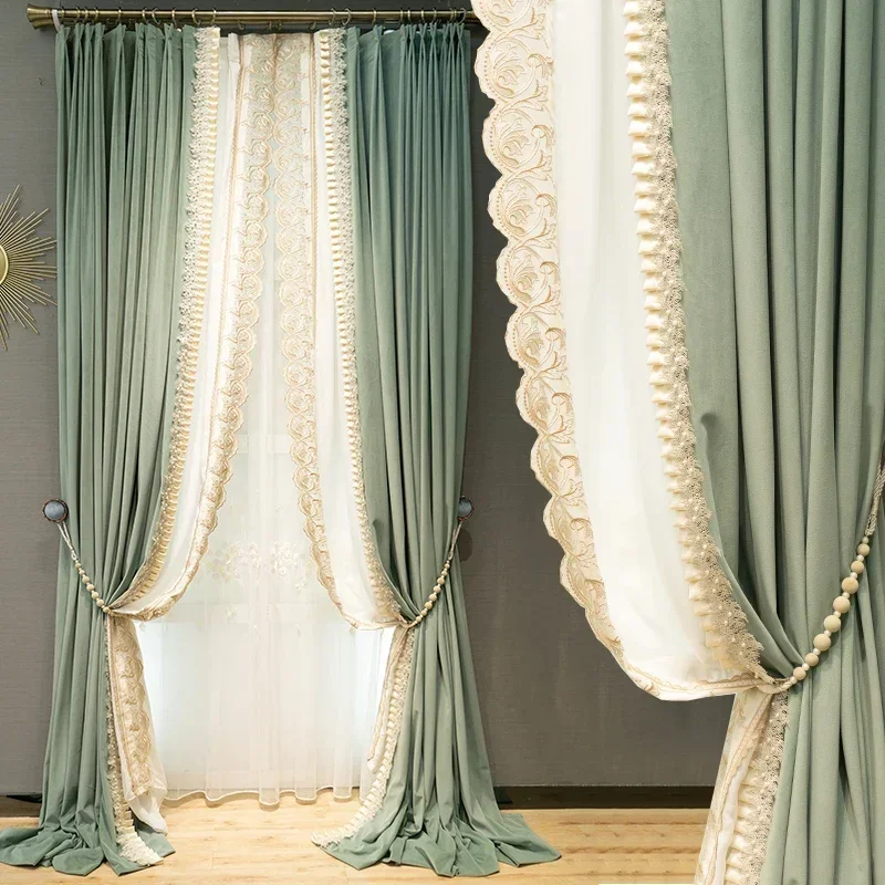 

Luxury High-end Turquoise Velvet Embroidered Lace Romantic French Window Thickening Curtains for Living Dining Room Bedroom