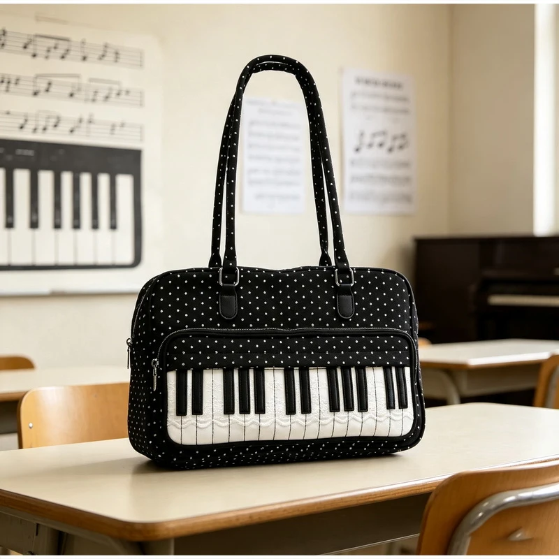  Polka Dot Piano Key Schultertasche, Damen Bowling Nylon Handtasche, Y2k Teenager Mädchen Große Kapazität Pendel- und Reisetasche, Süße Niedliche Tragetasche – Detail 3