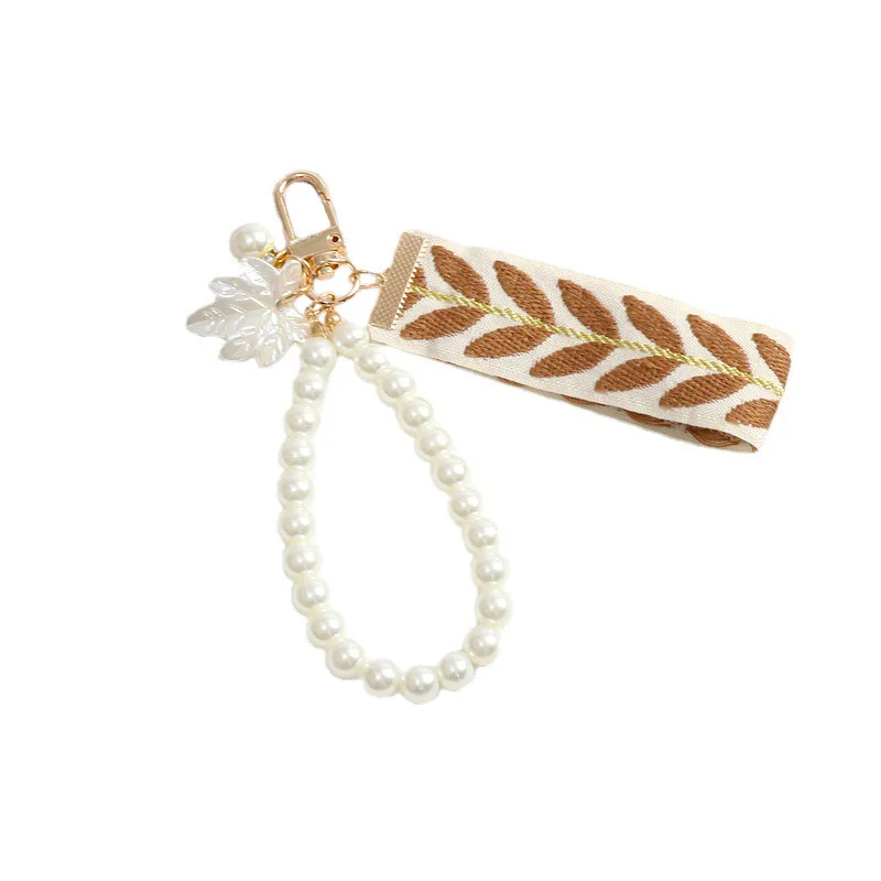 Vintage Artificial Pearl Bracelet Keychain Leaf Ribbon Keyring For Women Cute Bag Trinket Headphone Case Accessories Gift