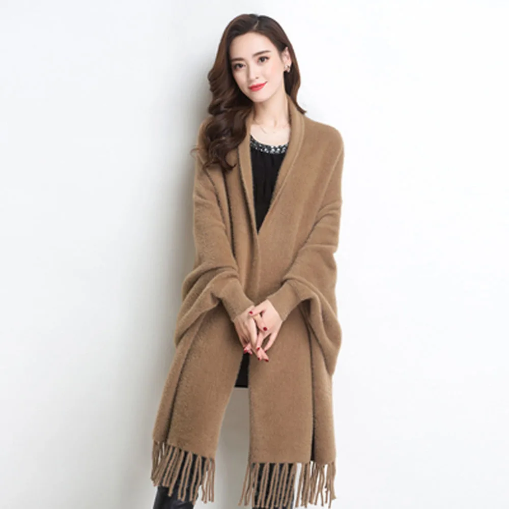 Autumn Winter Bat Sleeves Cloak Shawl Women\'s Faux Mink Velvet Poncho Sweater Long Cardigan Fashion Tassel Cloak Thicken Capes