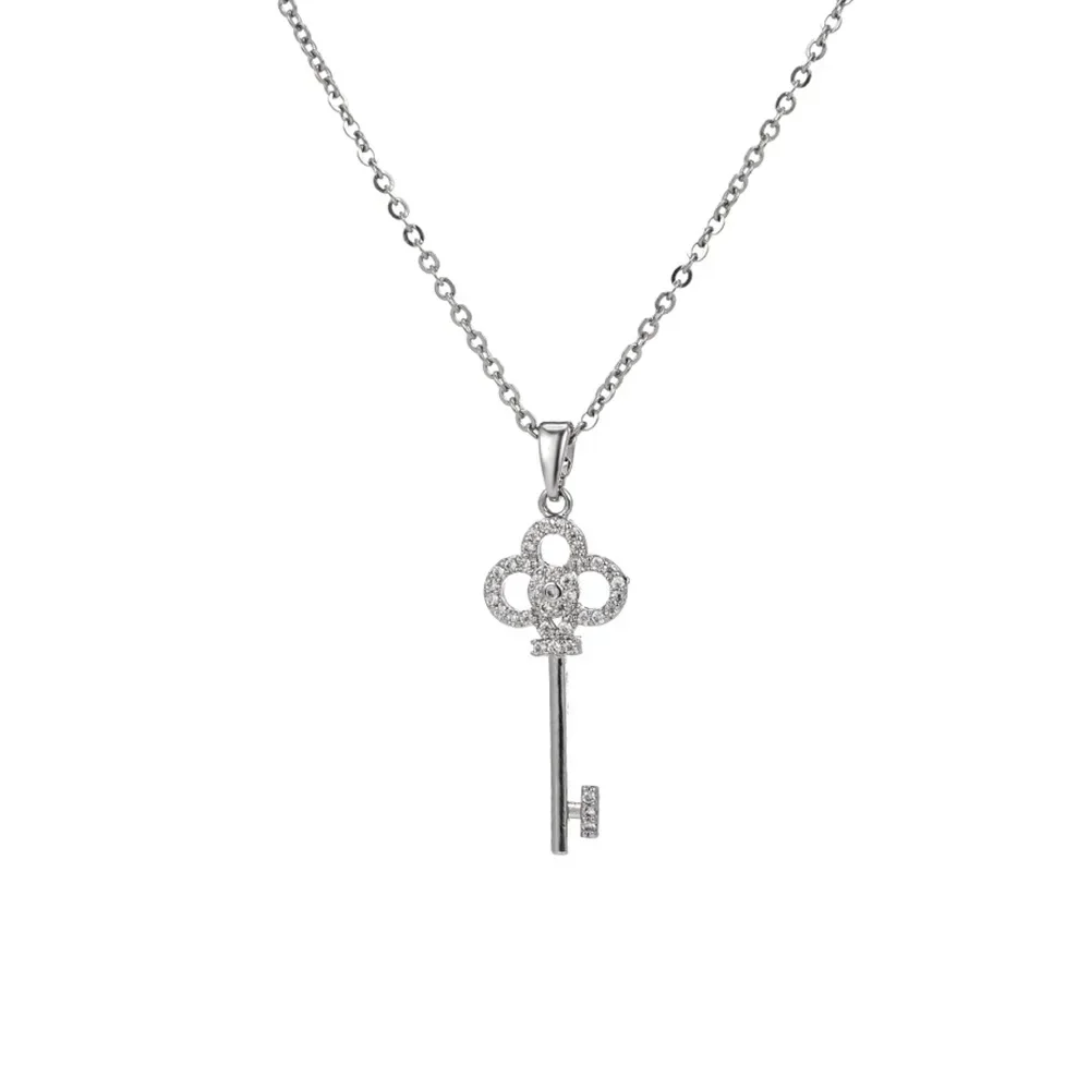 

White Gold Plated Silver Love Heart Key Pendant Necklace for Women - Cubic Zirconia Jewelry with Chain