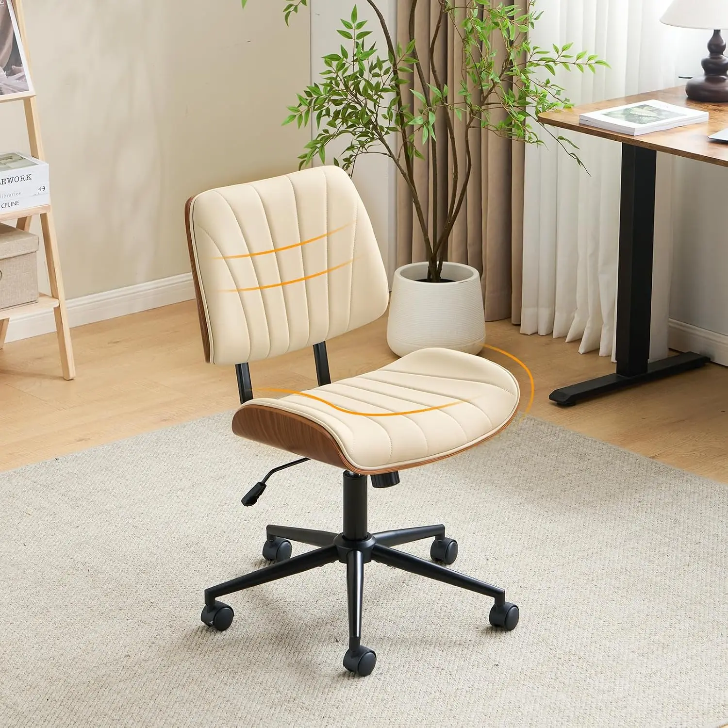 Wide Curved Armless Office Chair, Ergonomic Adjustable Swivel Desk Chair, Walnut PU Task Chair For Home Office , Customized