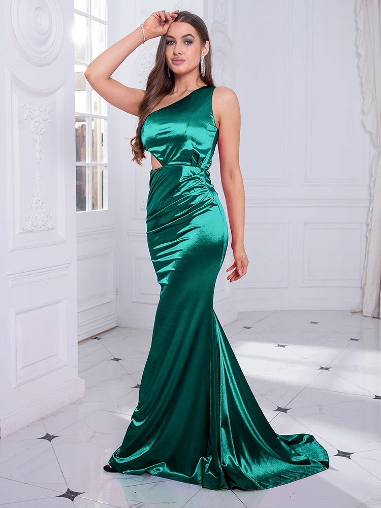 Romagic One Shoulder Sleeveless Bodycon Cocktail Prom Gown Satin Stretch Mermaid Sexy Hollow Waist Women Evening Party Dress