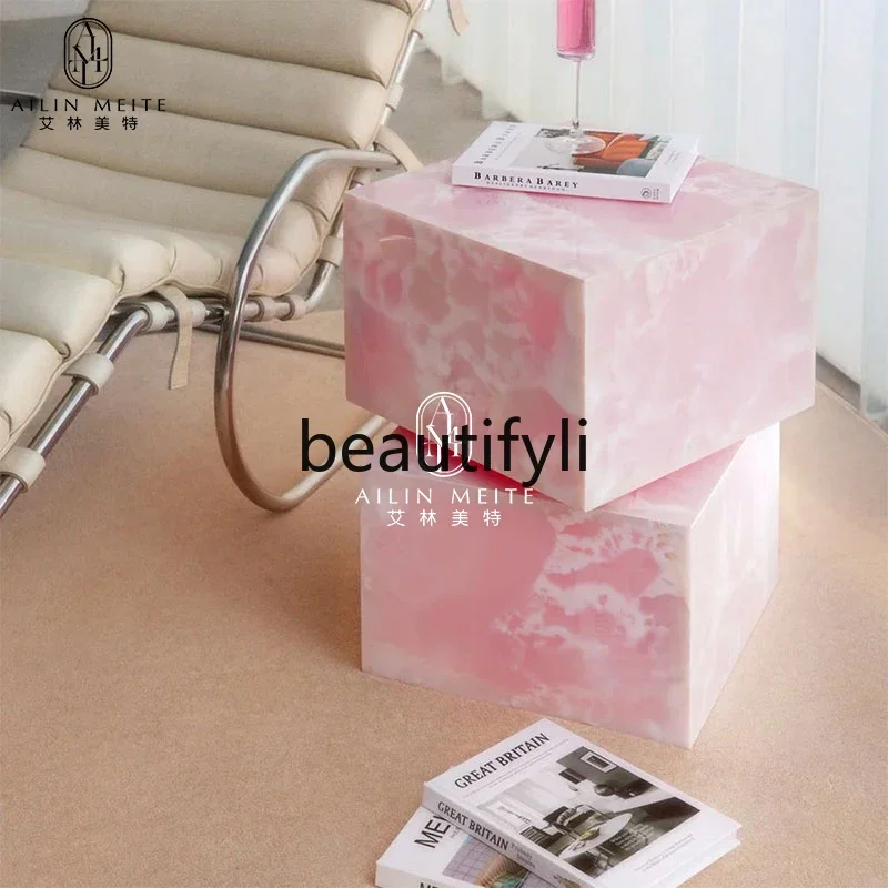 

Italian minimalist pink jade living room luxury stone sofa edge few rotatable marble side table