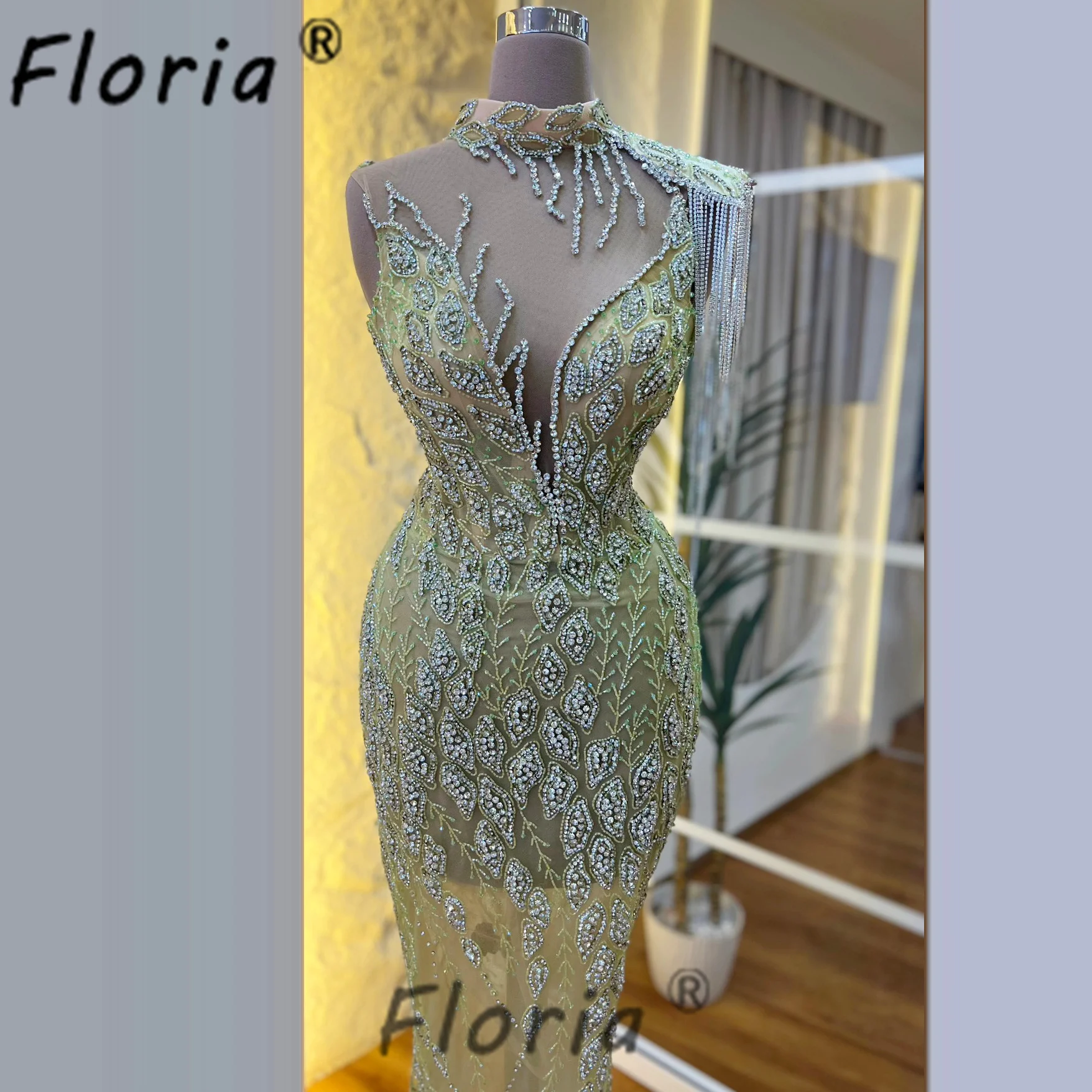 Stunning Light Green Mermaid Beaded Evening Party Dresses 2024 Dubai New Leaves Handmade Crystals Prom Event Dress Customized