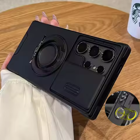 Magnetic Ring Holder Phone Case For Samsung S25 S24 S23 Plus S21 FE S22 Ultra Shockproof Camera Slide Lens Protection Cover Capa