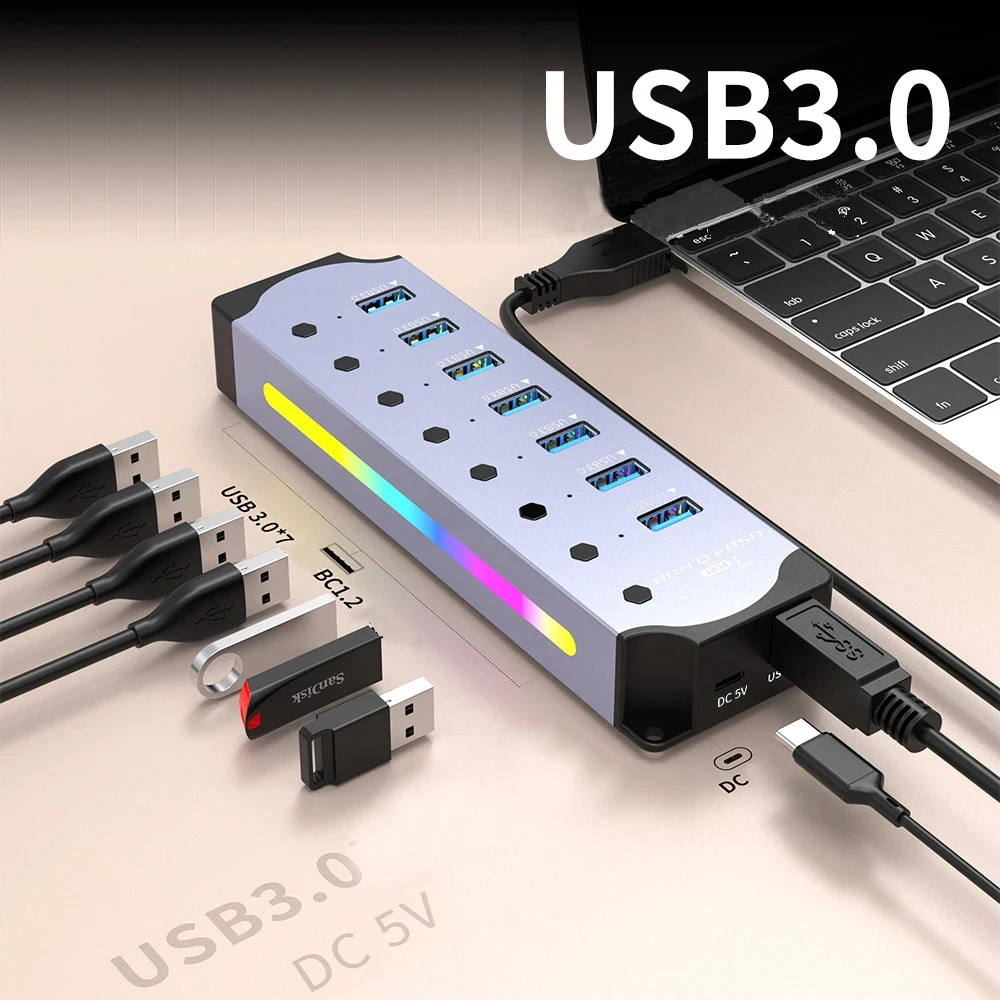 

4-7 Ports USB3.0 HUB Cable Splitter Aluminum Alloy RGB Light Wire Converter Charging Dock with Switch for Laptop Mobile Phone