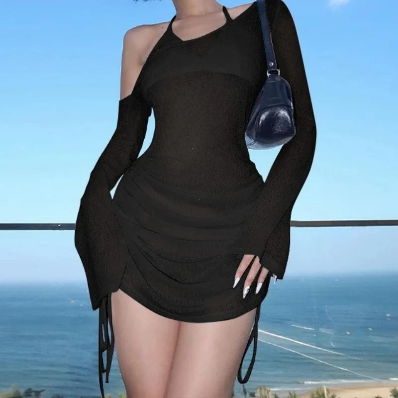 Solid Skew Collar Ruched Straps Lace-Up See Through Draw String Mini Dress 2025 Summer Women Party Clubwear